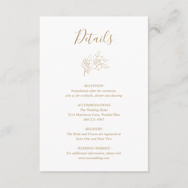 Gold Line Art Floral Elegant Wedding Enclosure Card (Front)