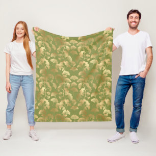 Gold Line Art Ginkgo Leaves Emerald Botanical Fleece Blanket