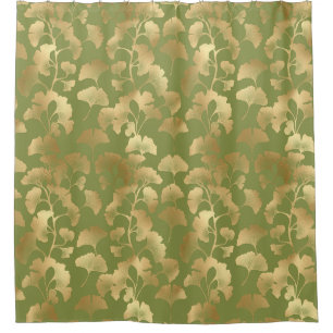 Gold Line Art Ginkgo Leaves Emerald Botanical Shower Curtain