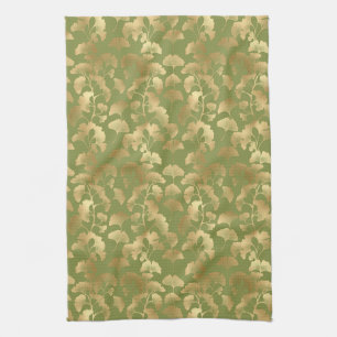 Gold Line Art Ginkgo Leaves Emerald Botanical Tea Towel