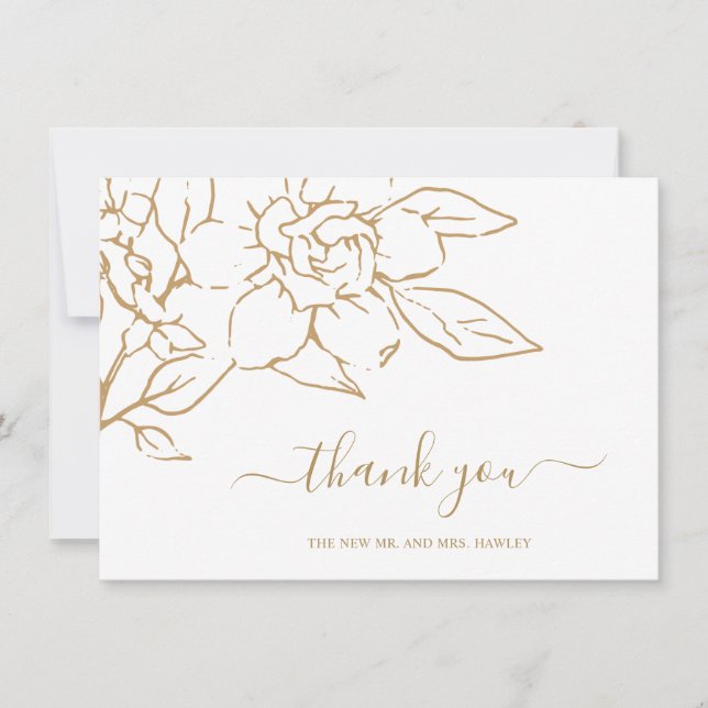 Gold Line Art Magnolia Floral Elegant Wedding Thank You Card (Front)