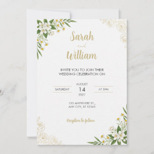 Gold Line Art White Jasmine Wedding Invitation