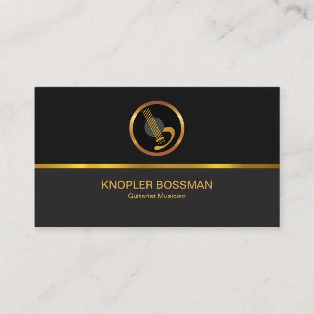 Gold Line Black Grey Columns Classy Gold Guitar Business Card (Front)