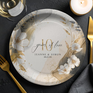 Gold Line Floral 10th Anniversary ID1169 Paper Plate