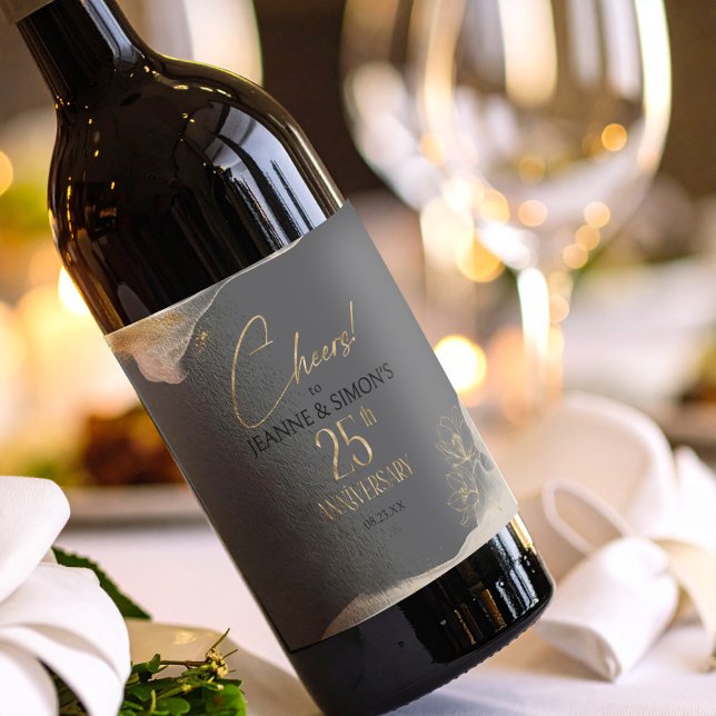 Gold Line Floral 25th Anniversary Cheers ID1169 Wine Label (Creator Uploaded)