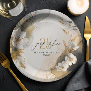 Gold Line Floral 25th Anniversary ID1169 Paper Plate