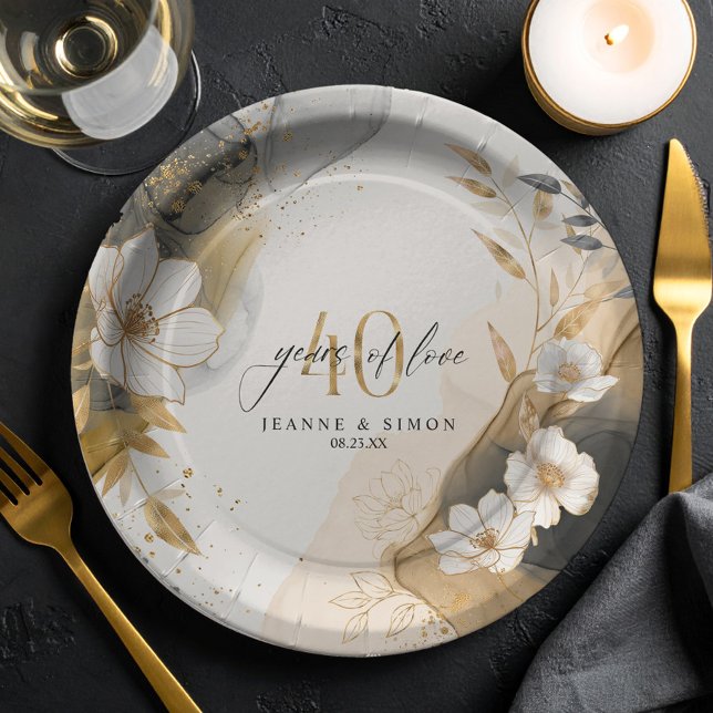 Gold Line Floral 40th Anniversary ID1169 Paper Plate (Creator Uploaded)