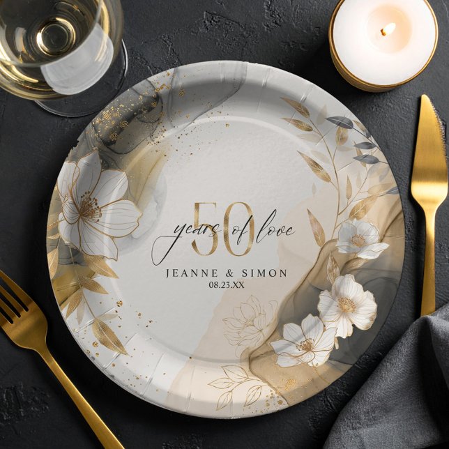 Gold Line Floral 50th Anniversary ID1169 Paper Plate (Creator Uploaded)