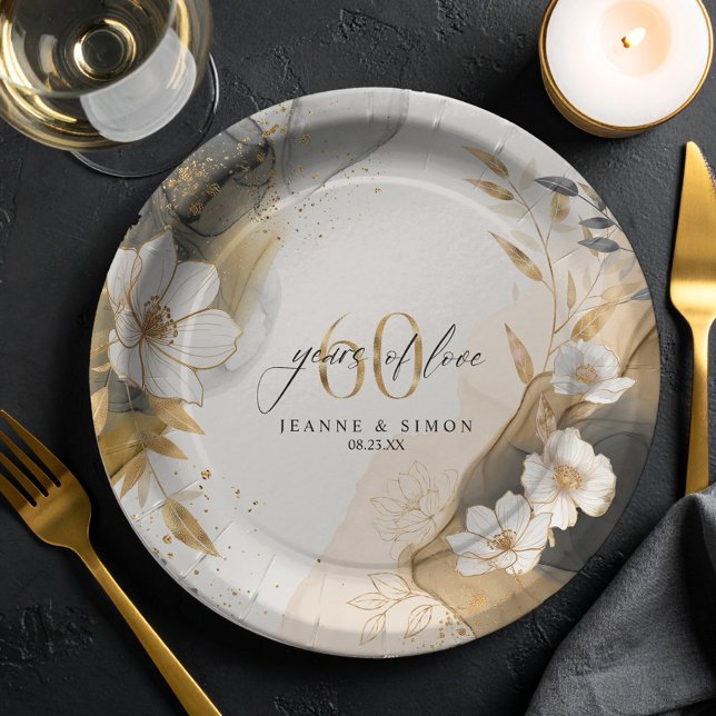 Gold Line Floral 60th Anniversary ID1169 Paper Plate (Creator Uploaded)