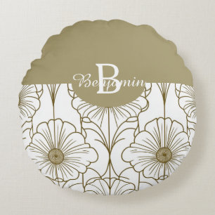 Gold Line Floral Pattern Round Pillow