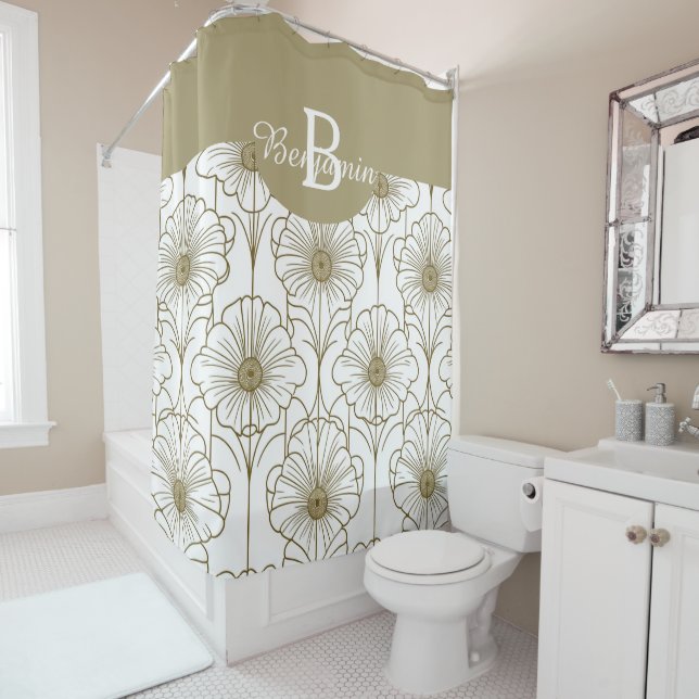 Gold Line Floral Pattern Shower Curtain (In Situ)