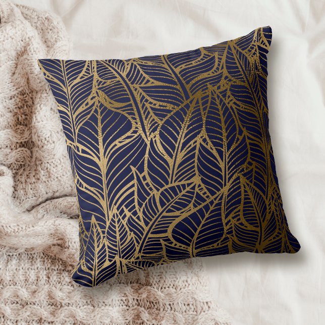 Gold Line Leaf Pattern on Blue Throw Pillow (Creator Uploaded)