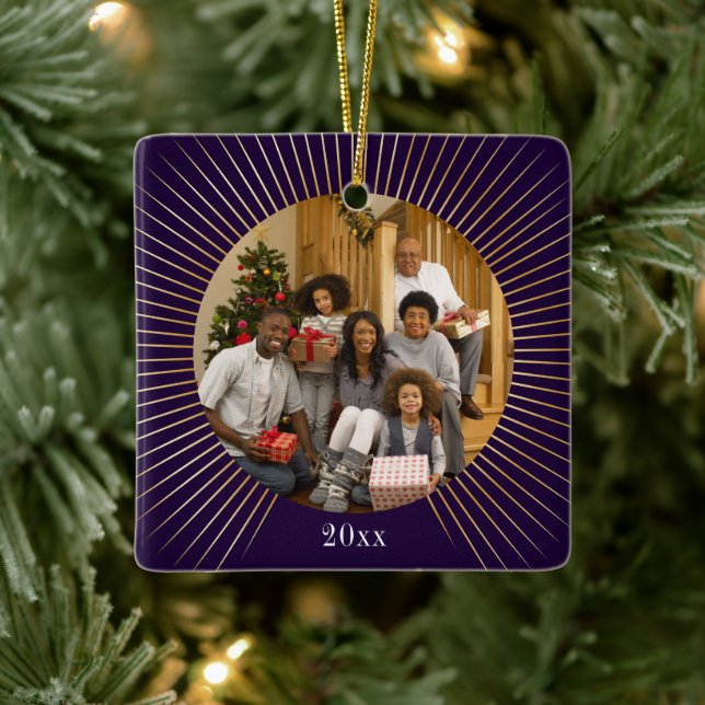 Gold Line Purple Photo Family Christmas Ceramic Ornament (Tree)