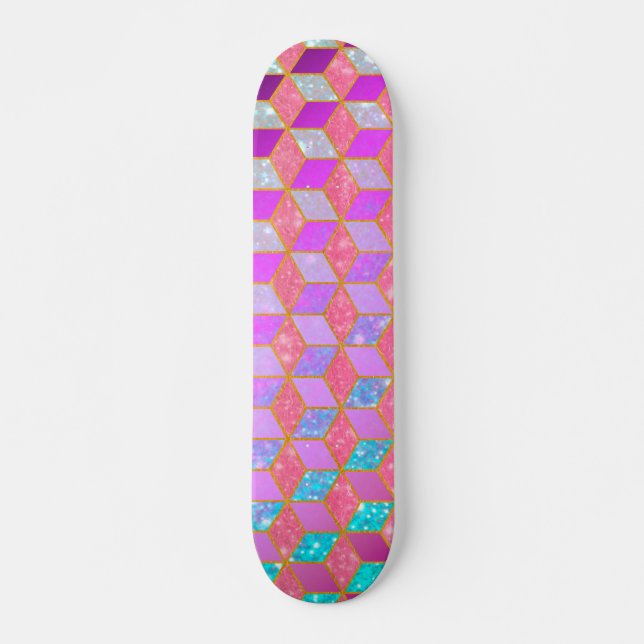 Gold Lined Diamond-Shaped Hexagon in Pastel Skateboard (Front)