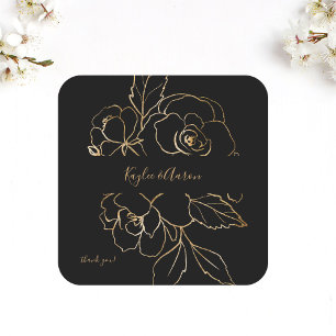 Gold Lined Floral Black & Gold Thank You Square Sticker
