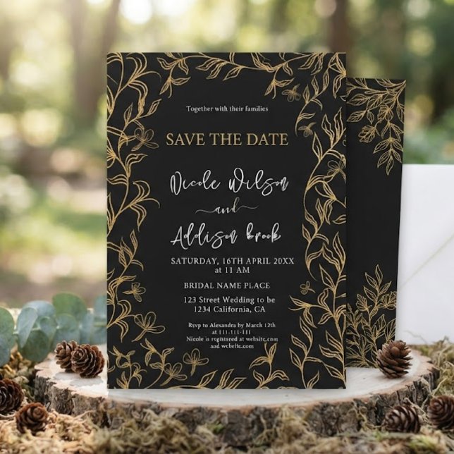 Gold Lined Floral Black Wedding Invitation (Creator Uploaded)