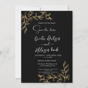 Gold Lined Floral Black Wedding Invitation