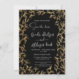 Gold Lined Floral Black Wedding Invitation
