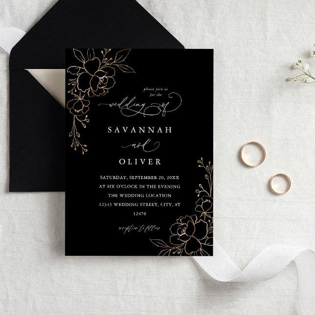 Gold Lined Floral Black Wedding Invitations (Creator Uploaded)