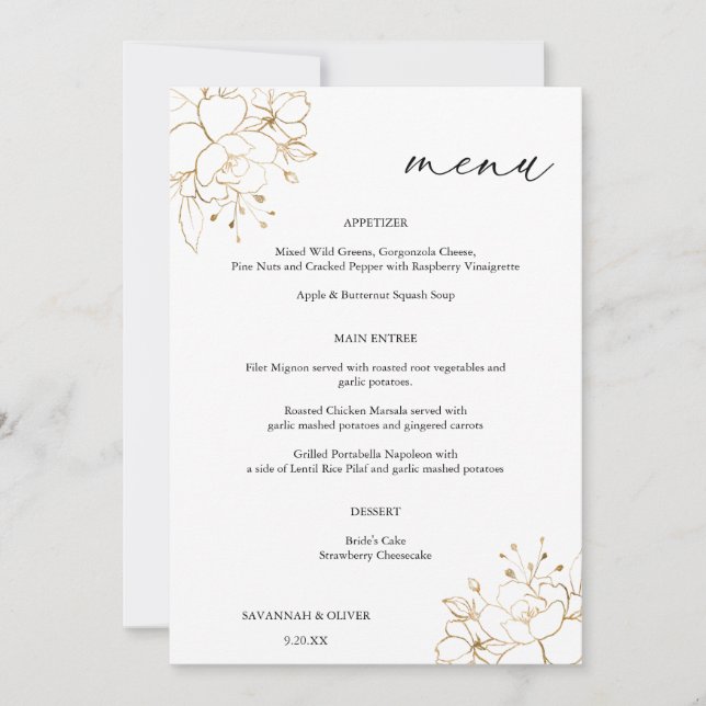 Gold Lined Floral Menu Invitation (Front)