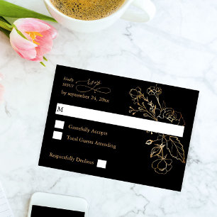 Gold Lined Floral on Black & Gold no Meal RSVP Card