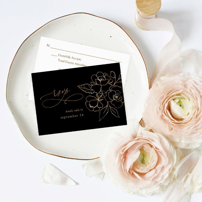 Gold Lined Floral on Black & Gold w Meal RSVP Card (Creator Uploaded)
