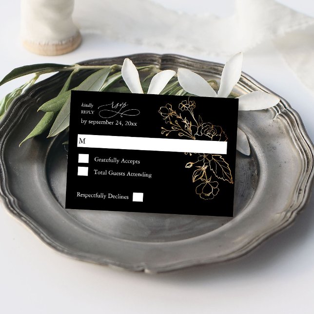 Gold Lined Floral on Black no Meal RSVP Card (Creator Uploaded)