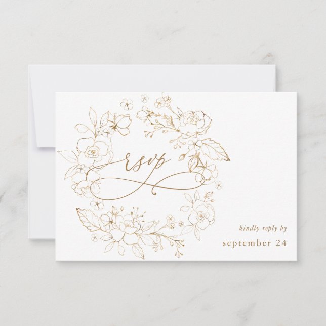 Gold Lined Floral on White & Gold w Meal RSVP 3 Card (Front)