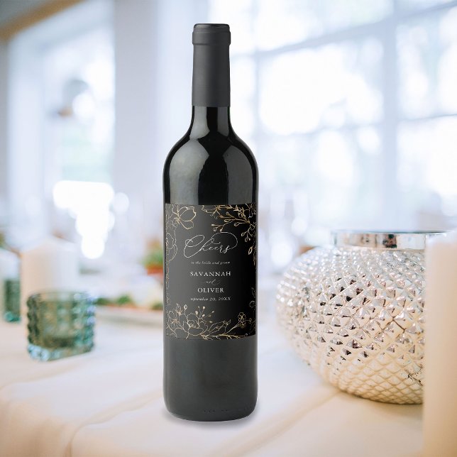 Gold Lined Floral Wedding - Black Wine Label (Creator Uploaded)