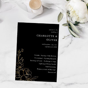 Gold Lined Floral Wedding Ceremony Program - Black Invitation