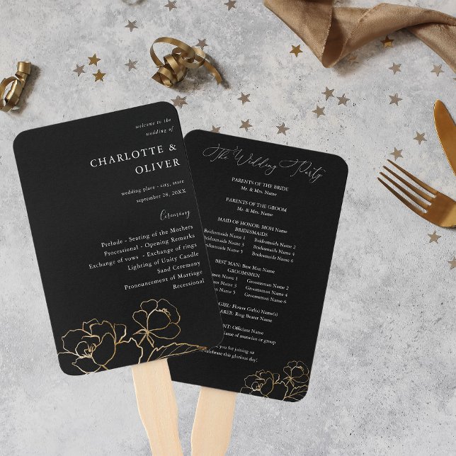 Gold Lined Floral Wedding Program 2 - Black Hand Fan (Creator Uploaded)