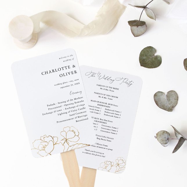 Gold Lined Floral Wedding Program 2 Hand Fan (Creator Uploaded)