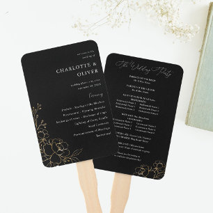 Gold Lined Floral Wedding Program - Black Hand Fan