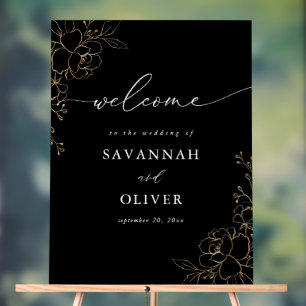 Gold Lined Floral Wedding Welcome - Black Acrylic Sign