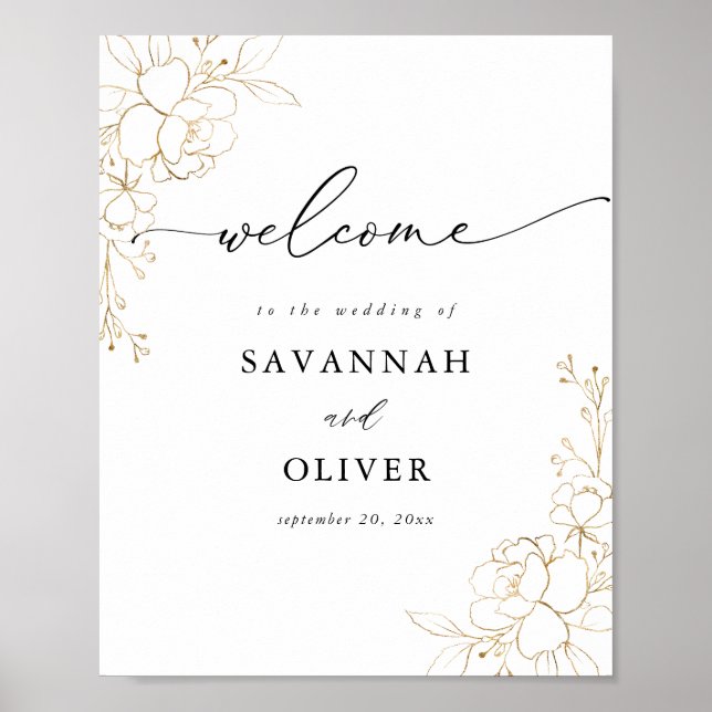 Gold Lined Floral Wedding Welcome Sign (Front)