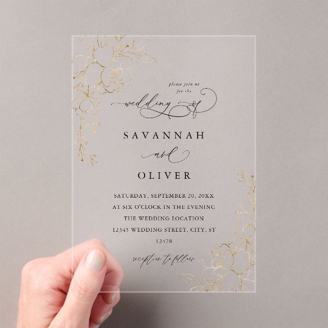 Gold Lined Floral White & Black Wedding Acrylic Invitations (Insitu (Handheld))