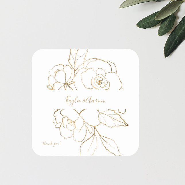 Gold Lined Floral White & Gold Thank You Square Sticker (Creator Uploaded)