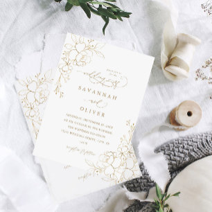 Gold Lined Floral White & Gold Wedding Invitations