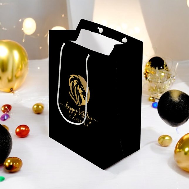 Gold Lion Leo Happy Birthday with Name Medium Gift Bag (Creator Uploaded)