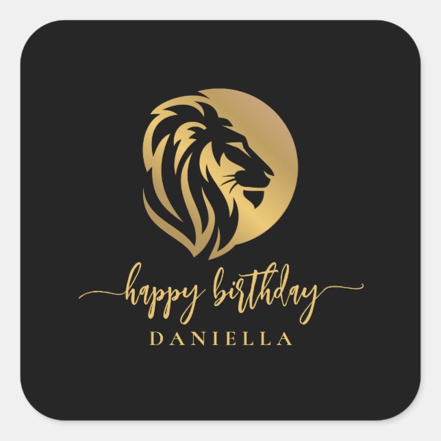 Gold Lion Leo Happy Birthday with Name Napkin Square Sticker (Front)