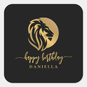 Gold Lion Leo Happy Birthday with Name Napkin Square Sticker