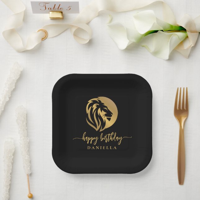 Gold Lion Leo Happy Birthday with Name Paper Plate (Wedding)