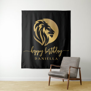Gold Lion Leo Happy Birthday with Name Tapestry