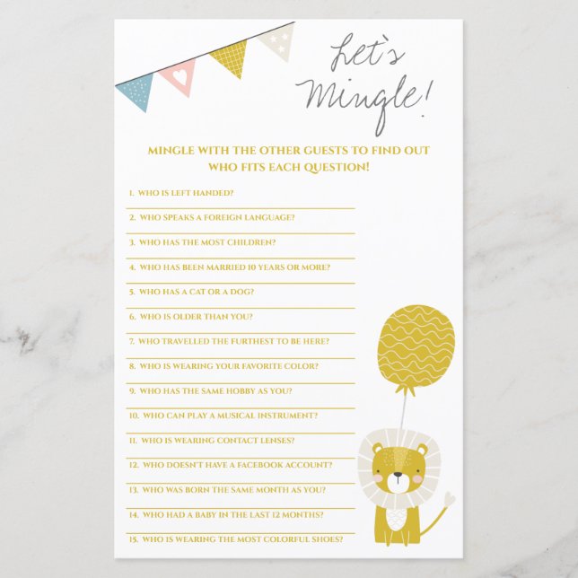 Gold Lion, Let's Mingle! Baby Shower Game (Front)