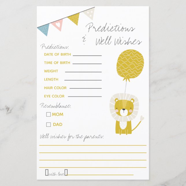 Gold Lion Predictions & Well Wish Baby Shower Game (Front)