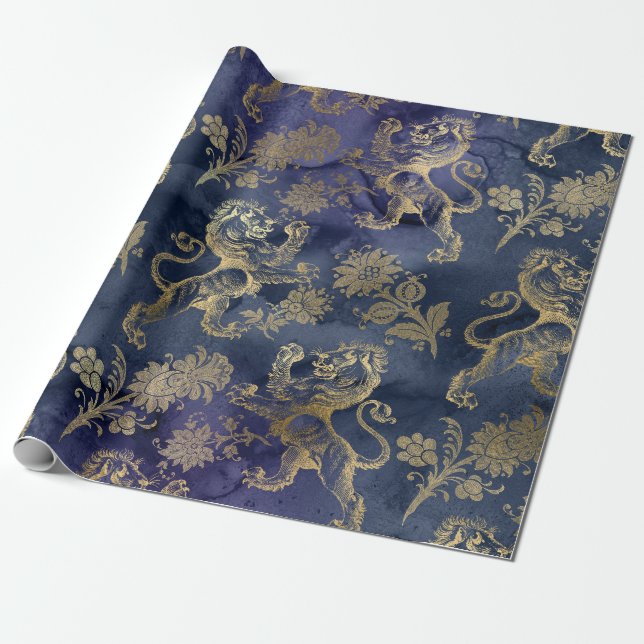 Gold Lions and Flowers on Purple Wrapping Paper (Unrolled)