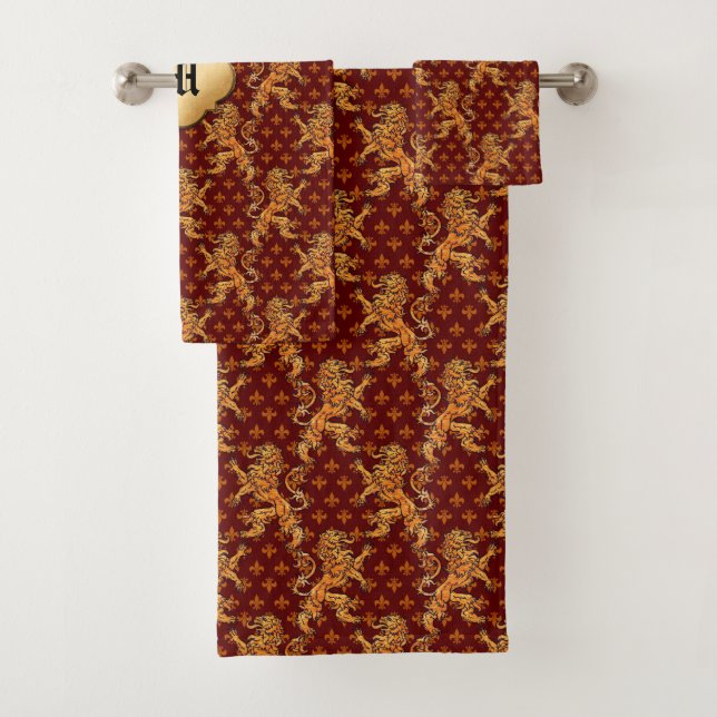 Gold Lions Fleurs on Deep Red Bath Towel Set (Insitu)