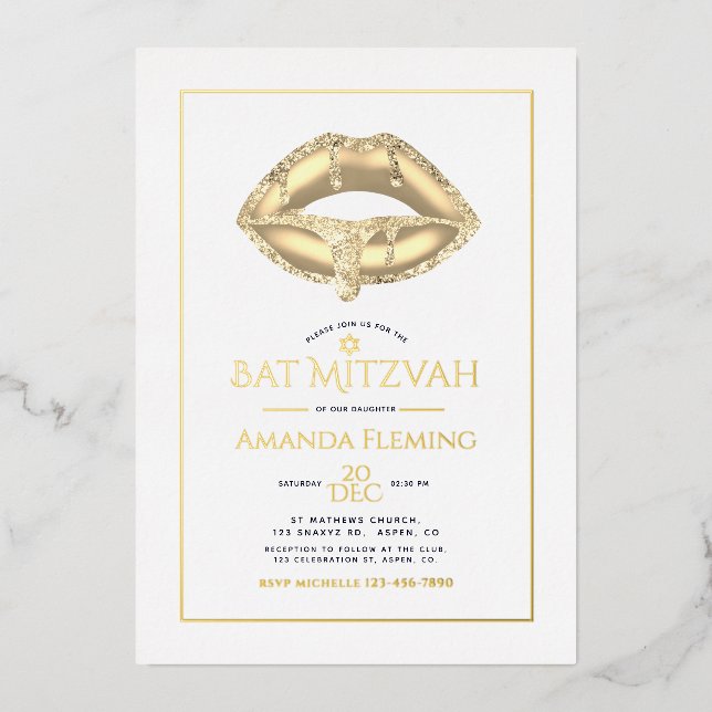 Gold Lips Bat Mitzvah Photo  Foil Invitation (Front)