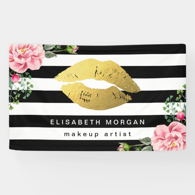 Gold Lips Beauty Salon Floral Black White Stripes Banner (Horizontal)
