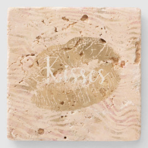 Gold Lips Kiss Pink Zebra Print Stone Coaster